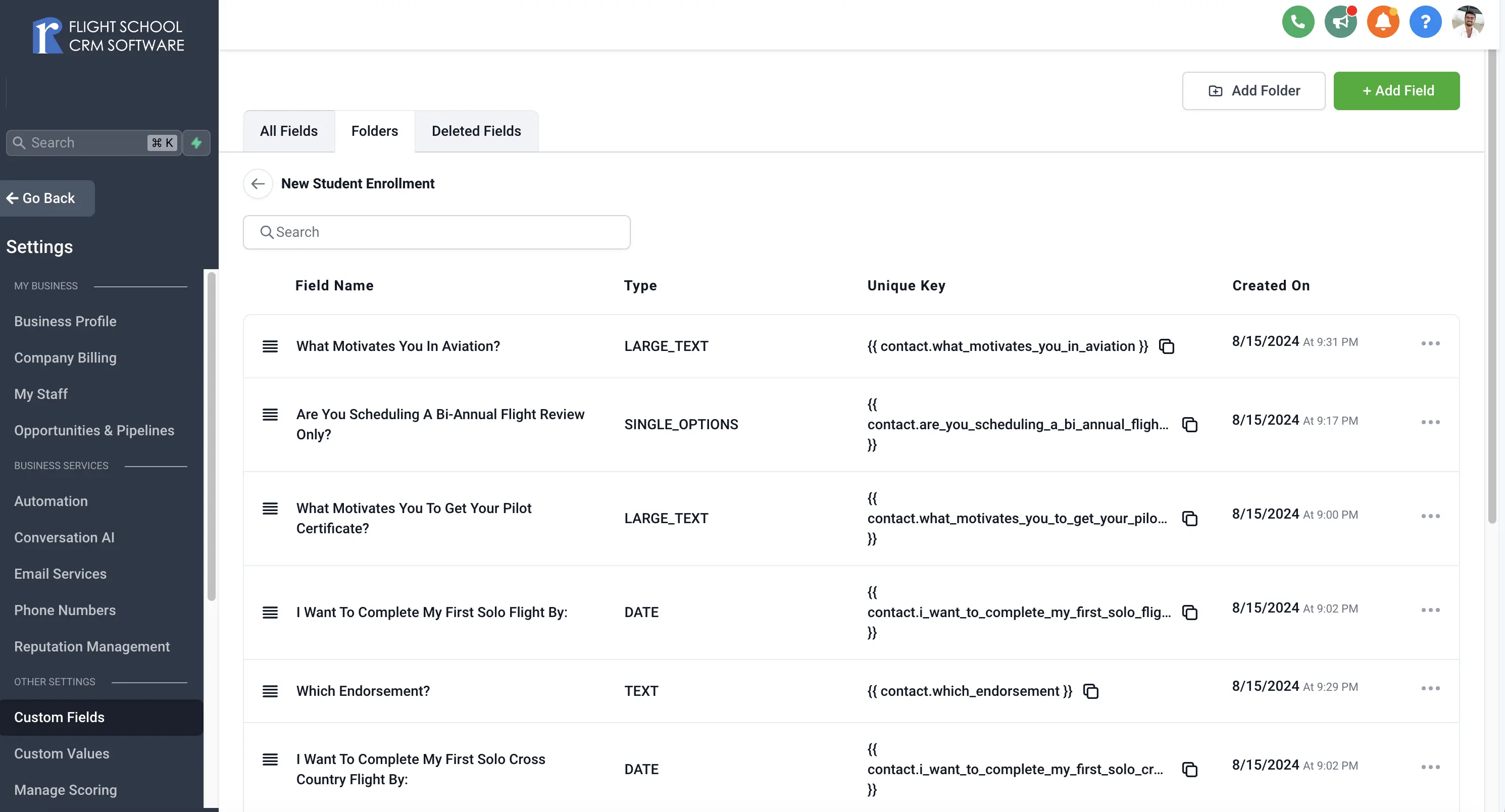 Custom Fields Menu